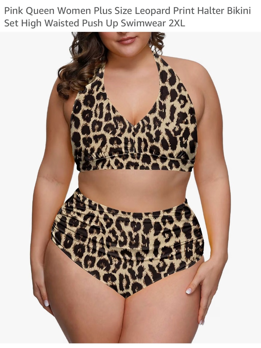 Plus Size Leopard Print Halter Bikini Set - Tan/Black